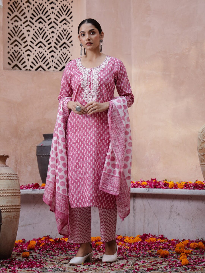 Pink Floral Printed Kurta Set with Dupatta Kurta set Rangdeep-Fashions 