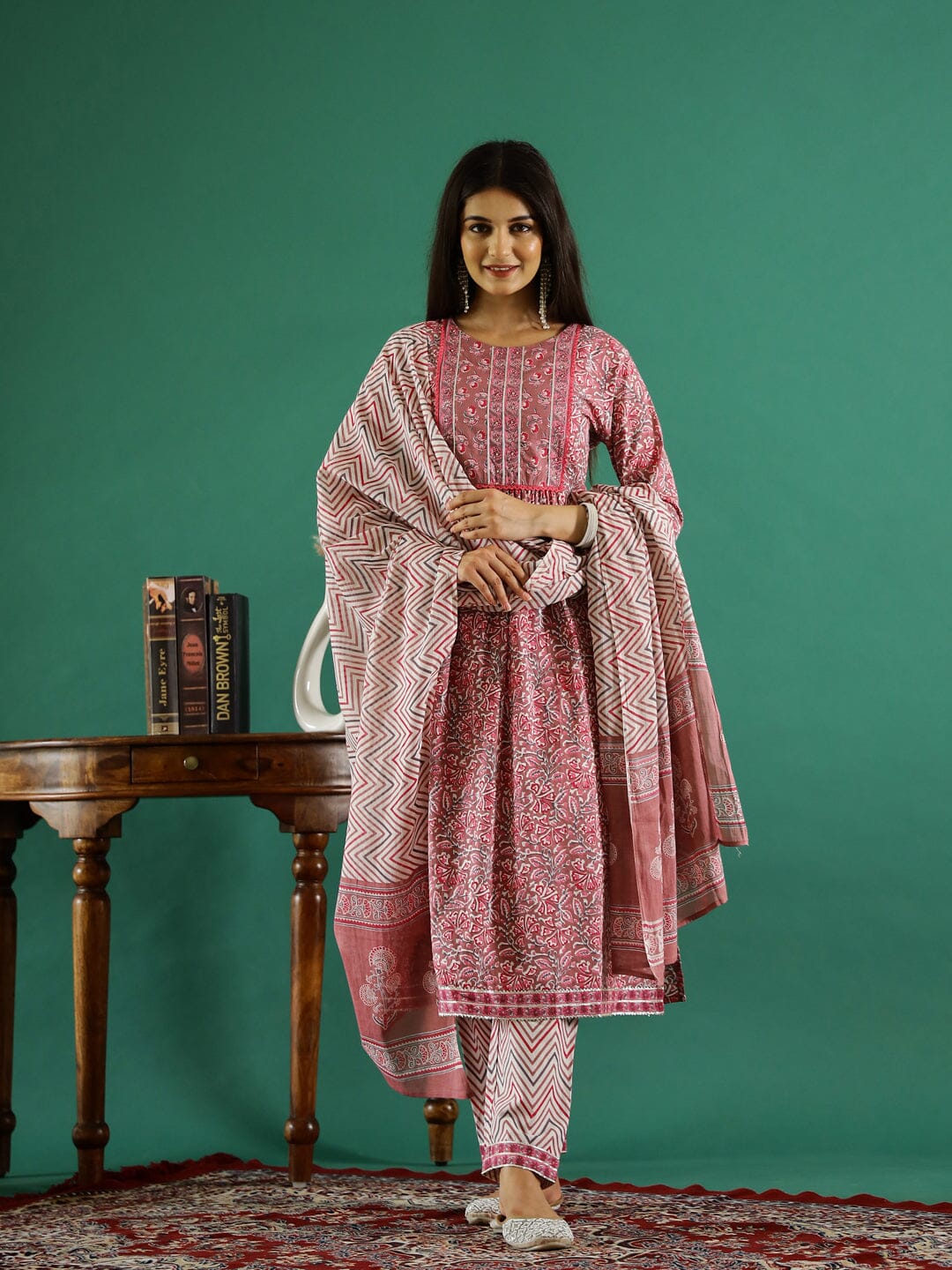 Pink Floral Printed Round Neck Kurta Set Kurta set Rangdeep-Fashions 