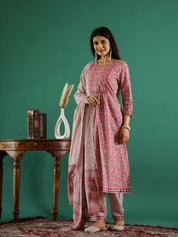 Pink Floral Printed Round Neck Kurta Set Kurta set Rangdeep-Fashions 