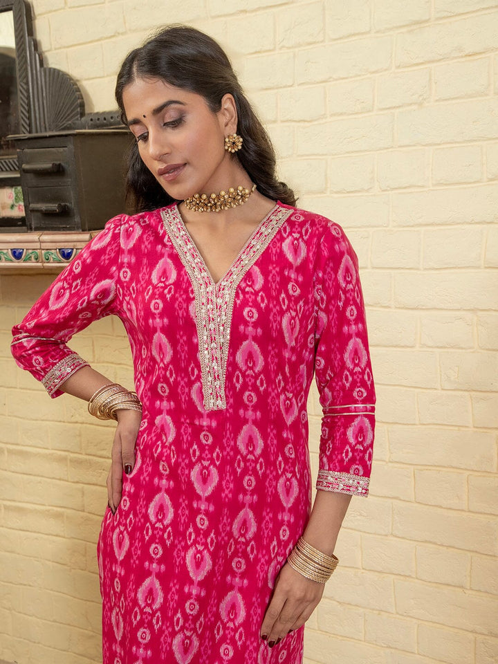 Pink Flower Printed V Neck Cotton Kurta Set Kurti set Rangdeep-Fashions 