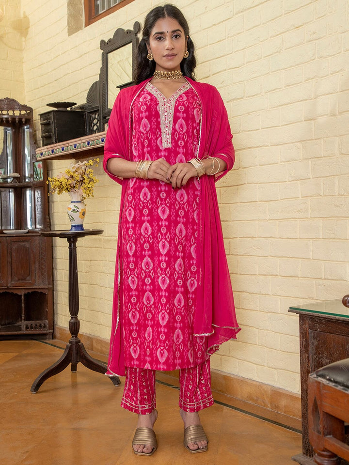 Pink Flower Printed V Neck Cotton Kurta Set Kurti set Rangdeep-Fashions 