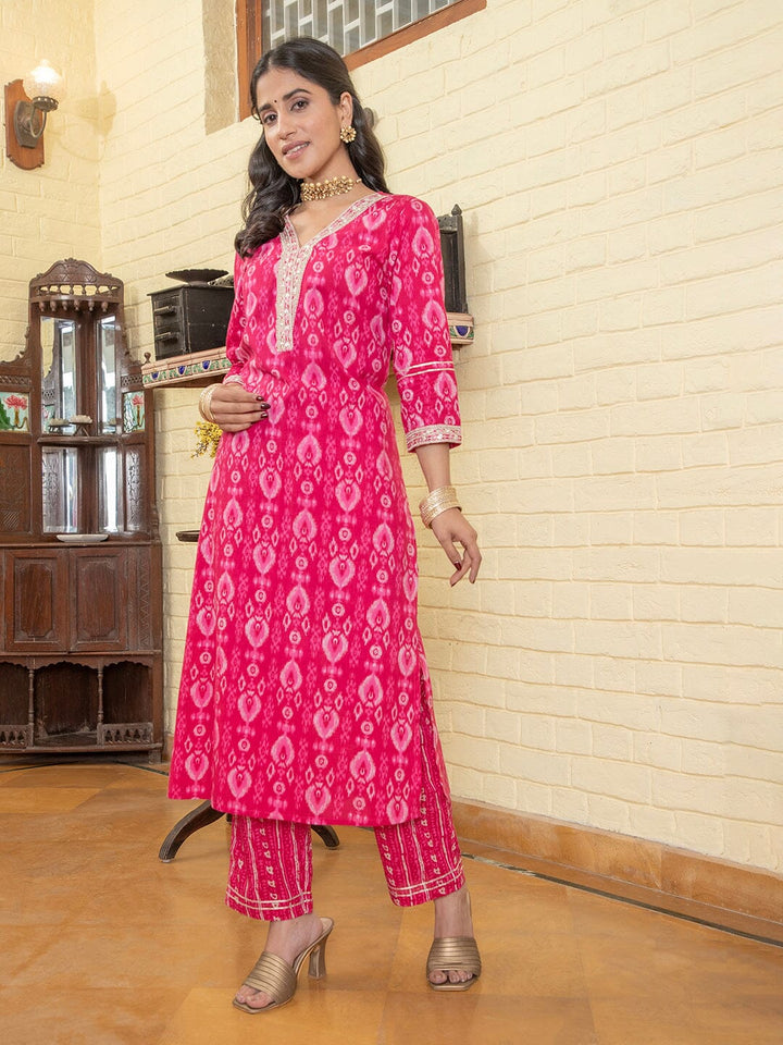 Pink Flower Printed V Neck Cotton Kurta Set Kurti set Rangdeep-Fashions 