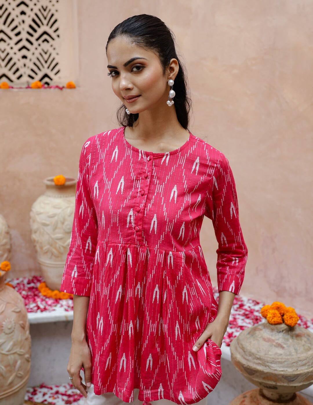 Pink Geometric Print Kurta Set Kurta set Rangdeep-Fashions 