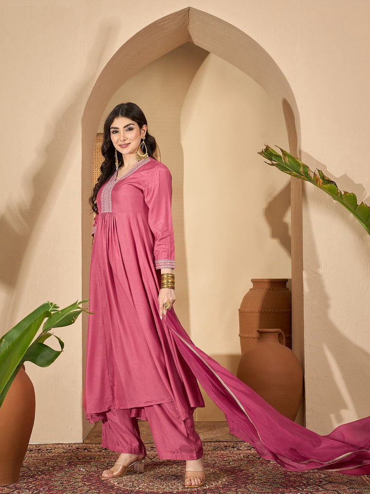 Pink Printed V-Neck Art Silk Kurta Set for Women Kurta set Rangdeep-Fashions 