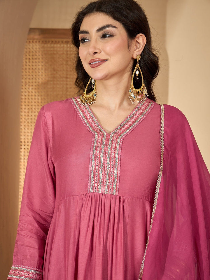 Pink Printed V-Neck Art Silk Kurta Set for Women Kurta set Rangdeep-Fashions 