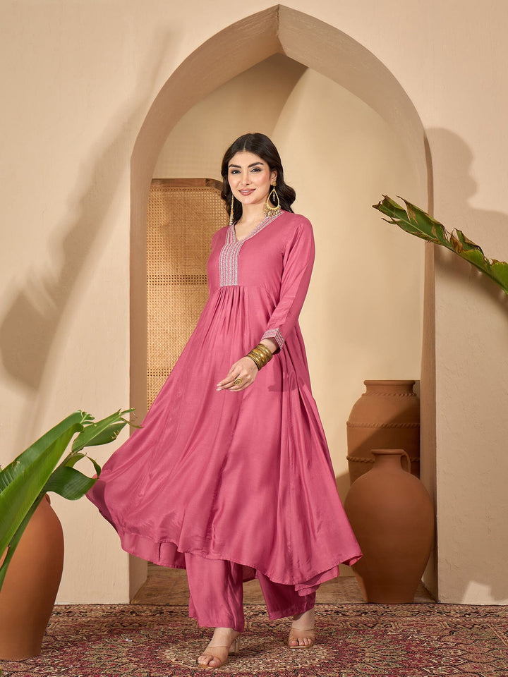 Pink Printed V-Neck Art Silk Kurta Set for Women Kurta set Rangdeep-Fashions 