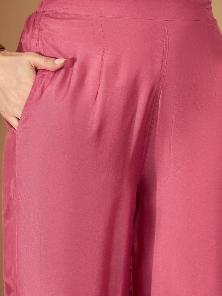 Pink Printed V-Neck Art Silk Kurta Set for Women Kurta set Rangdeep-Fashions 