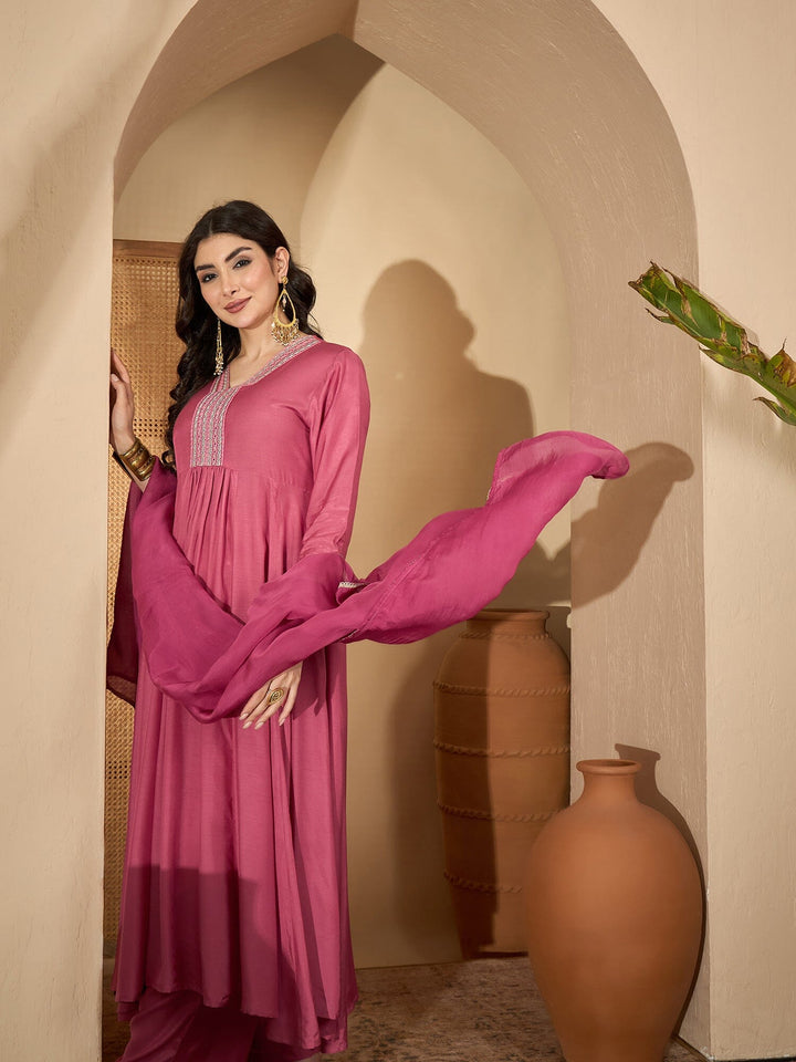 Pink Printed V-Neck Art Silk Kurta Set for Women Kurta set Rangdeep-Fashions 