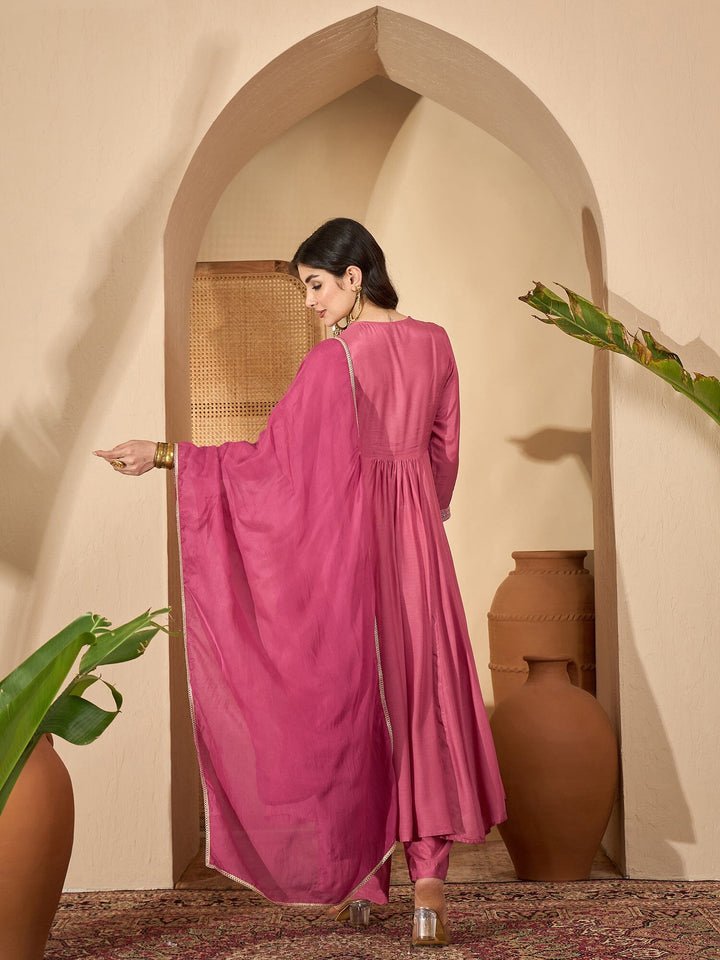 Pink Printed V-Neck Art Silk Kurta Set for Women Kurta set Rangdeep-Fashions 