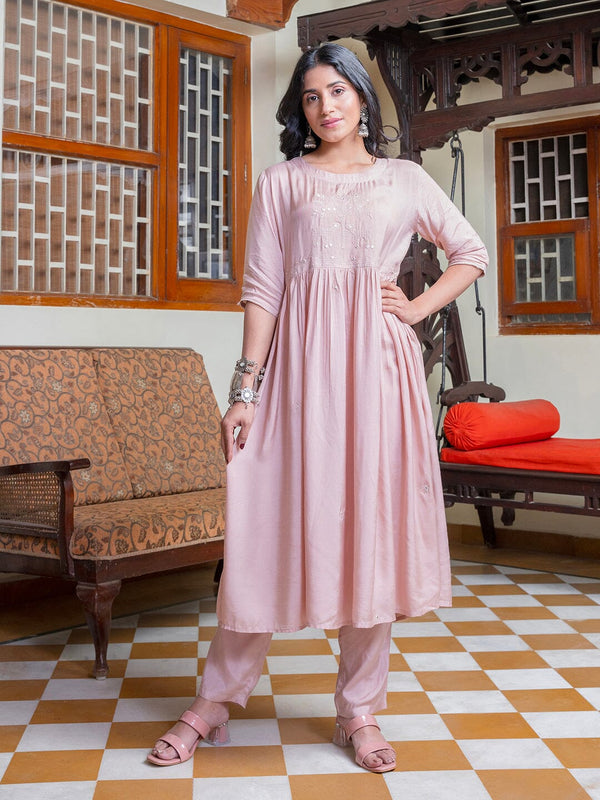 Pink Solid Print Cotton Kurta Set Co-ord Sets Rangdeep-Fashions 