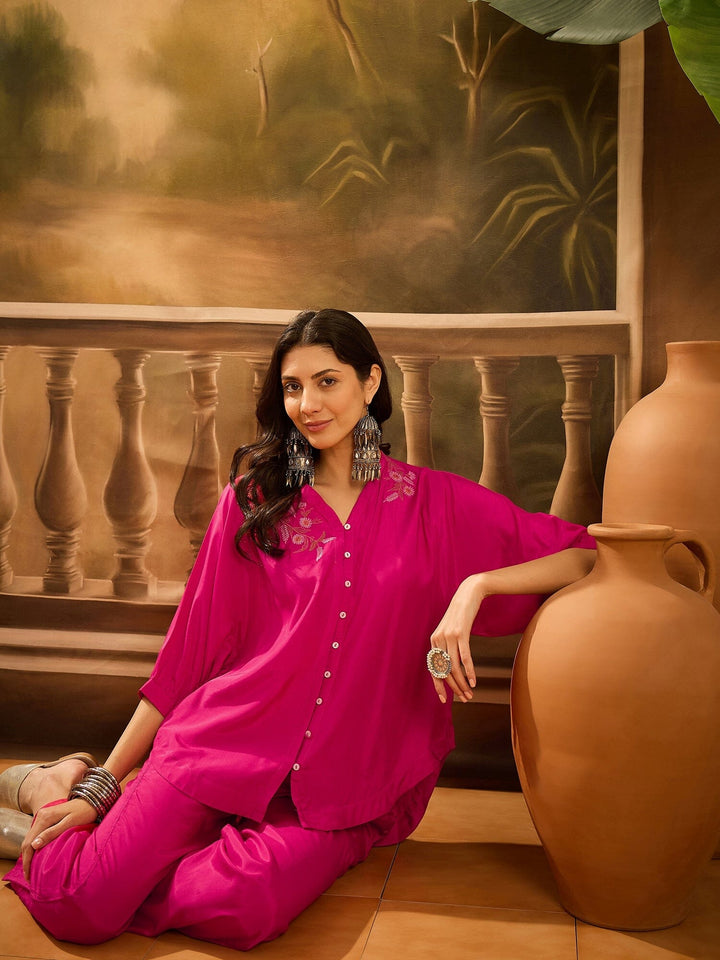 Pink V-Neck Dyed Co-ords Set for Women Co-ord Sets Rangdeep-Fashions 