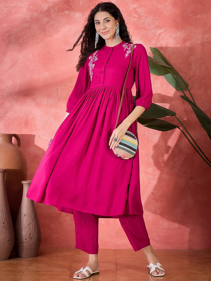 Pink Viscose Rayon Knee Length Round Neck Kurta set for Women Kurta set Rangdeep 