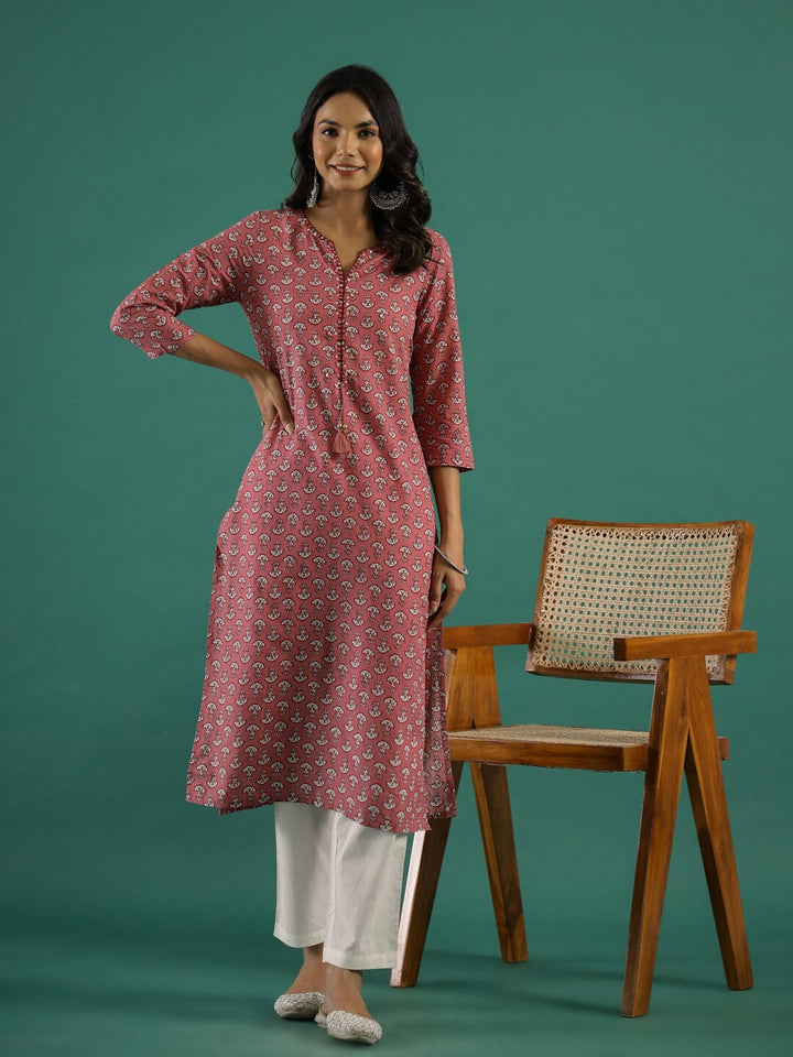 Pink & White Printed Kurti Set muslin kurta Rangdeep-Fashions 