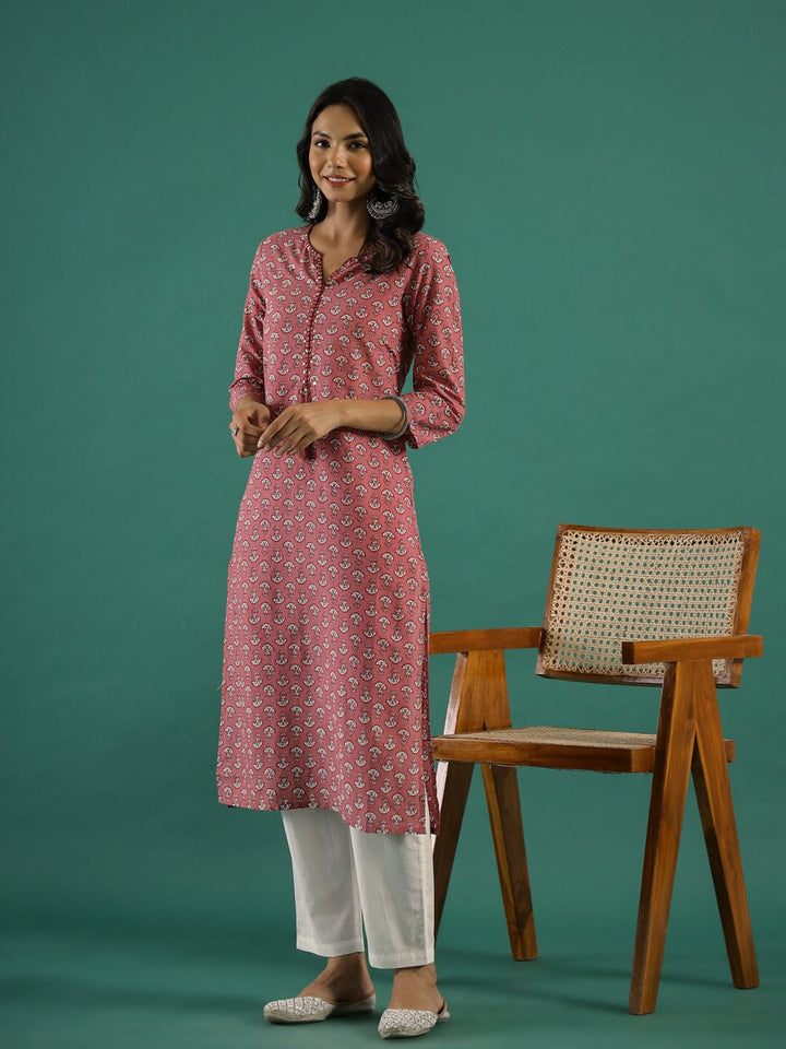 Pink & White Printed Kurti Set muslin kurta Rangdeep-Fashions 