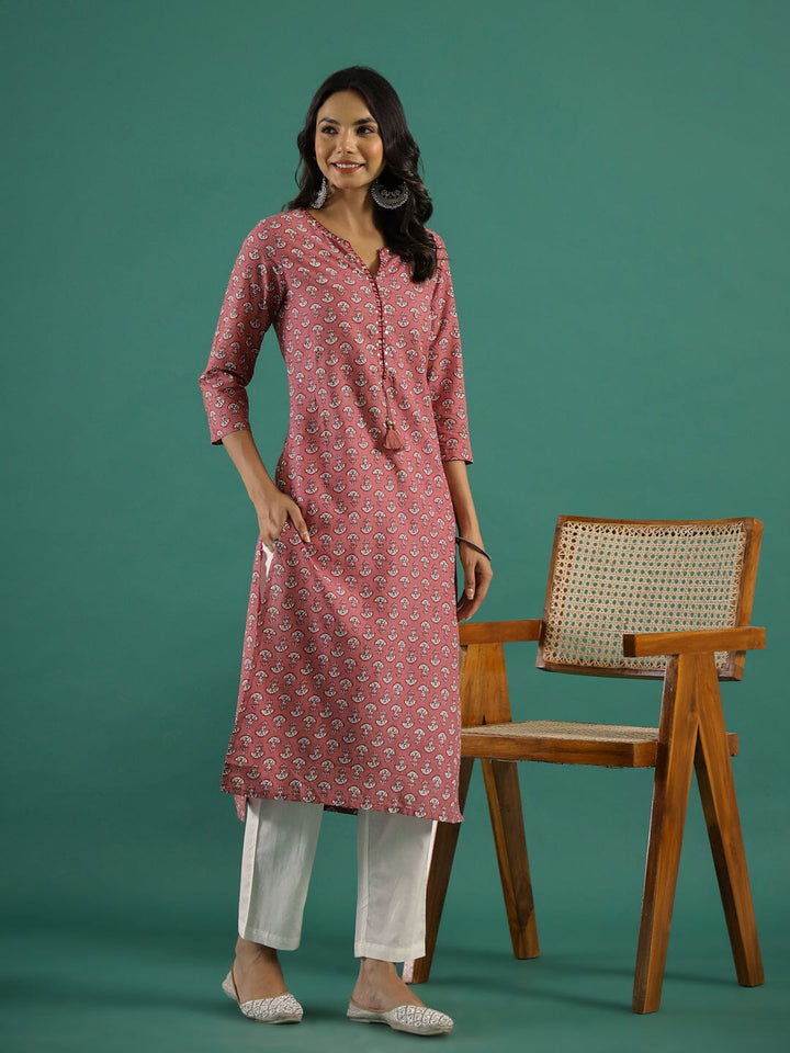 Pink & White Printed Kurti Set muslin kurta Rangdeep-Fashions 