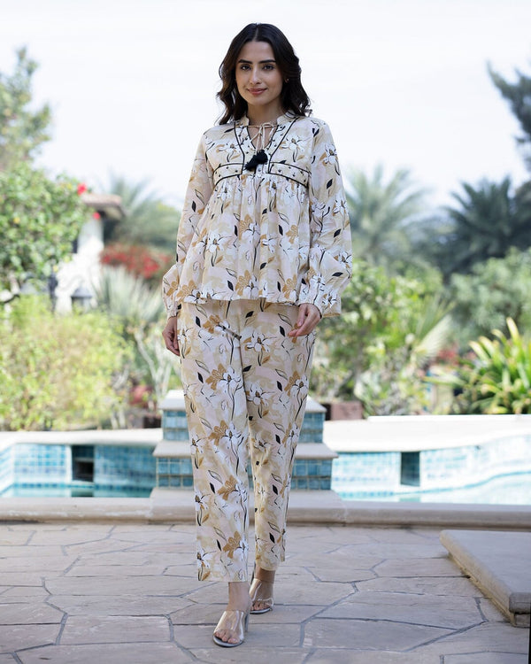 Printed Pure Cotton Mandarin Collar Neck Top & Trouser Co-Ords Night Suit Rangdeep-Fashions 