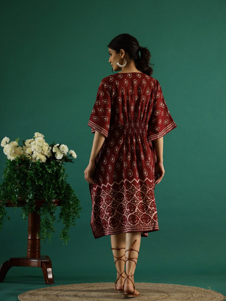 Printed Red Kaftan V-Neck Dress Ethnic dress SANSKRUTI HOMES 