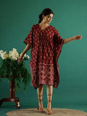 Printed Red Kaftan V-Neck Dress Ethnic dress SANSKRUTI HOMES 