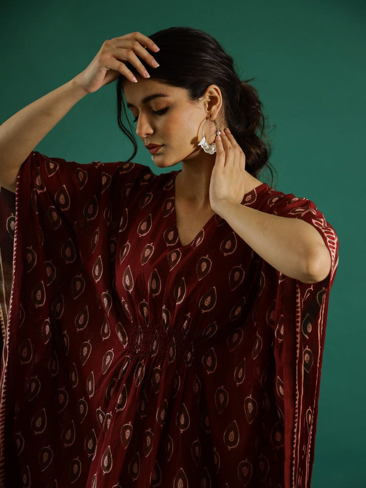 Printed Red Kaftan V-Neck Dress Ethnic dress SANSKRUTI HOMES 