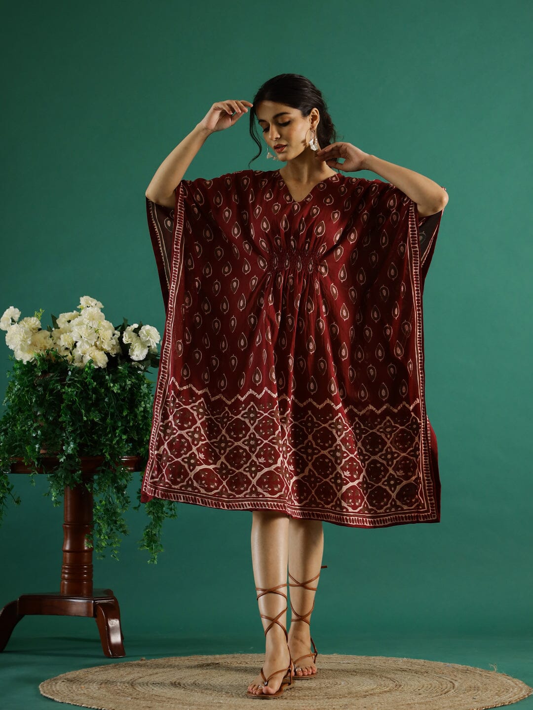 Printed Red Kaftan V-Neck Dress Ethnic dress SANSKRUTI HOMES 