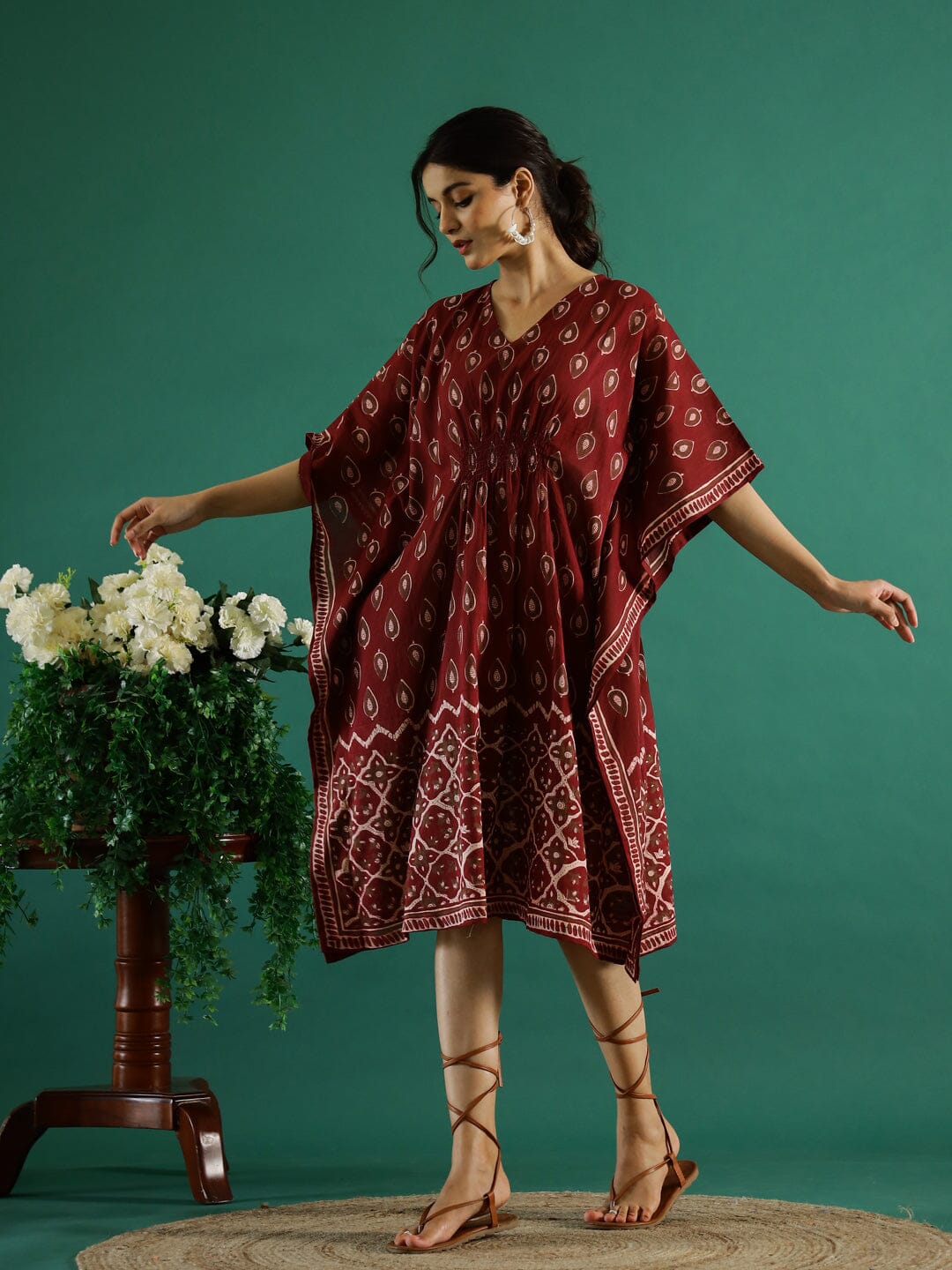 Printed Red Kaftan V-Neck Dress Ethnic dress SANSKRUTI HOMES 