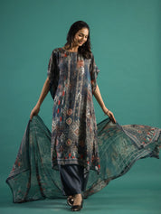 Printed Silk Blend Kaftan Kurta with Trouser & Dupatta Set Kurti Dupatta set Pant Rangdeep-Fashions 