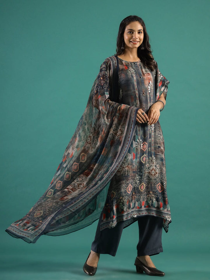 Printed Silk Blend Kaftan Kurta with Trouser & Dupatta Set Kurti Dupatta set Pant Rangdeep-Fashions 