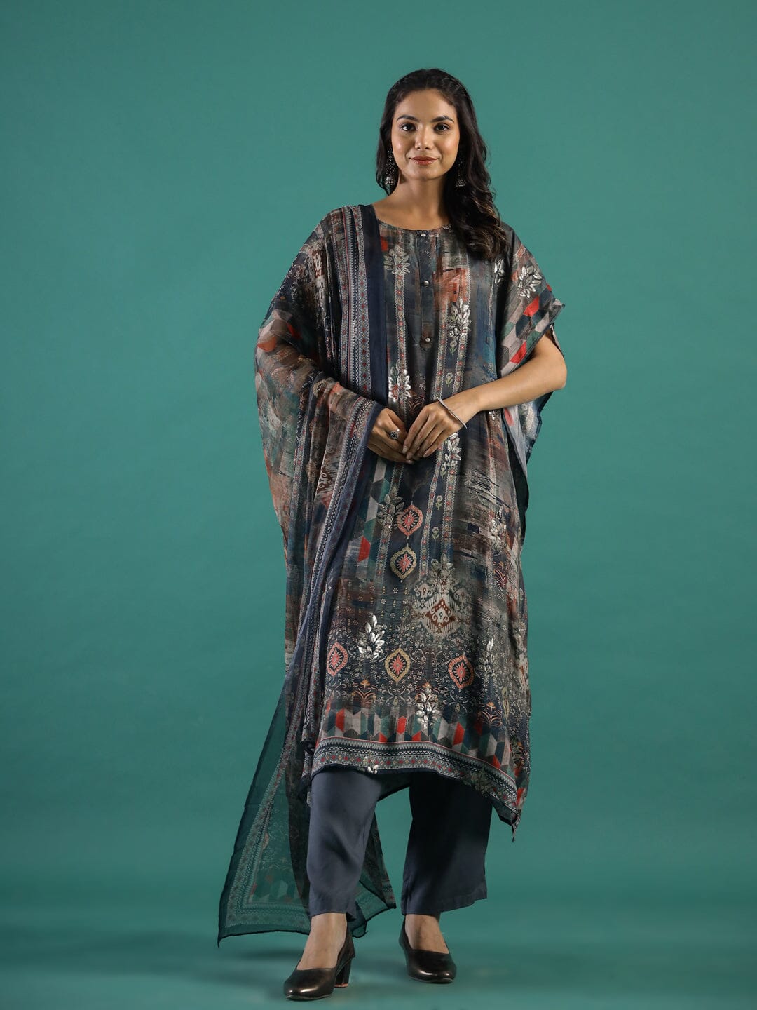 Printed Silk Blend Kaftan Kurta with Trouser & Dupatta Set Kurti Dupatta set Pant Rangdeep-Fashions 