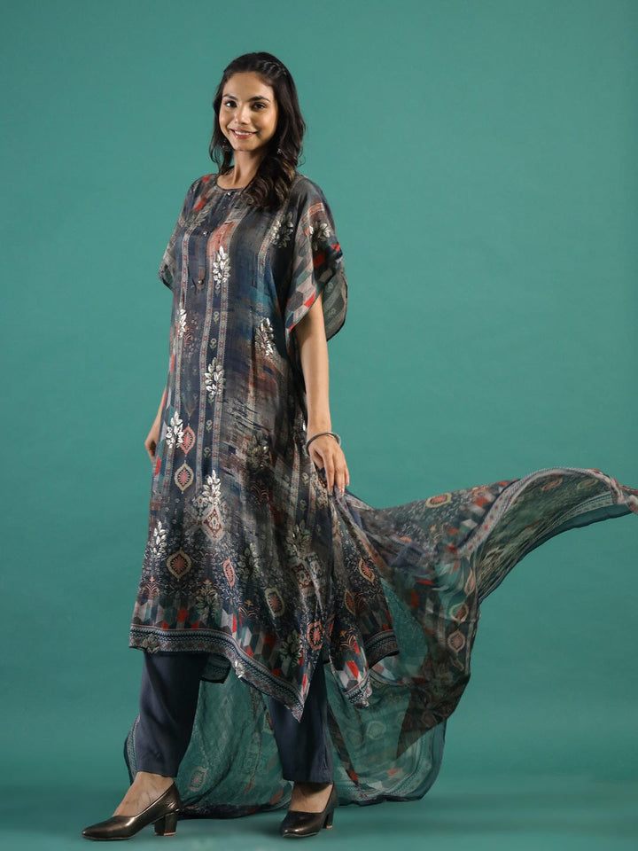 Printed Silk Blend Kaftan Kurta with Trouser & Dupatta Set Kurti Dupatta set Pant Rangdeep-Fashions 