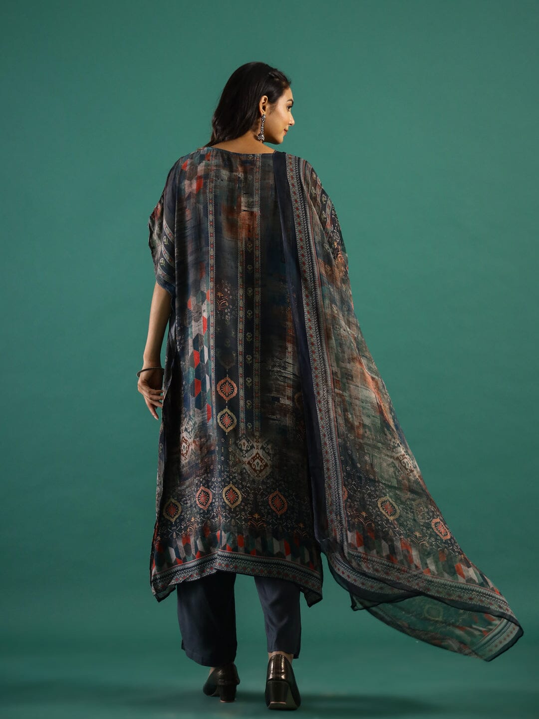 Printed Silk Blend Kaftan Kurta with Trouser & Dupatta Set Kurti Dupatta set Pant Rangdeep-Fashions 