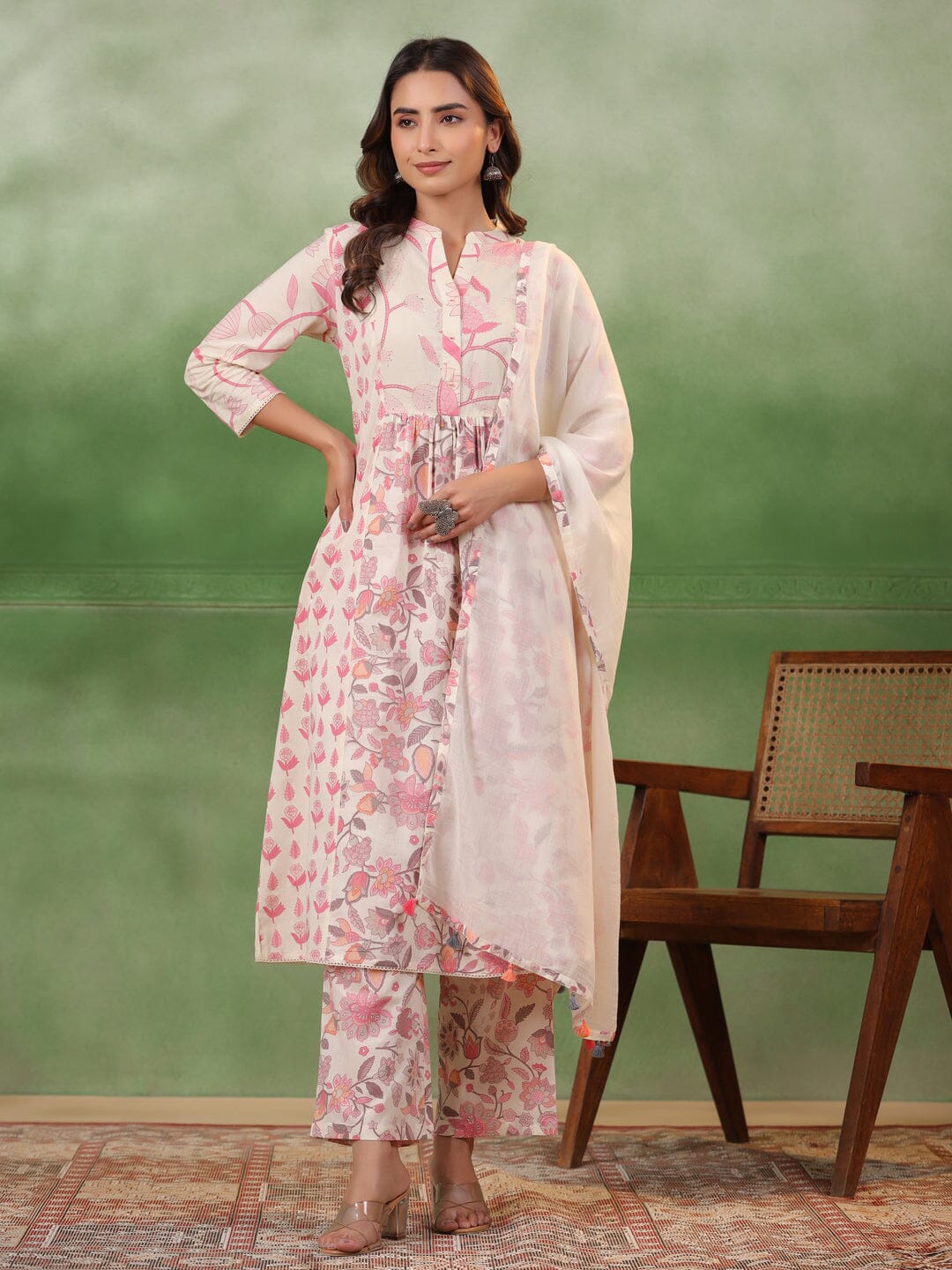 Pure Cotton Pleated A-Line Kurta With Trousers & Dupatta Kurti set SANSKRUTI HOMES 