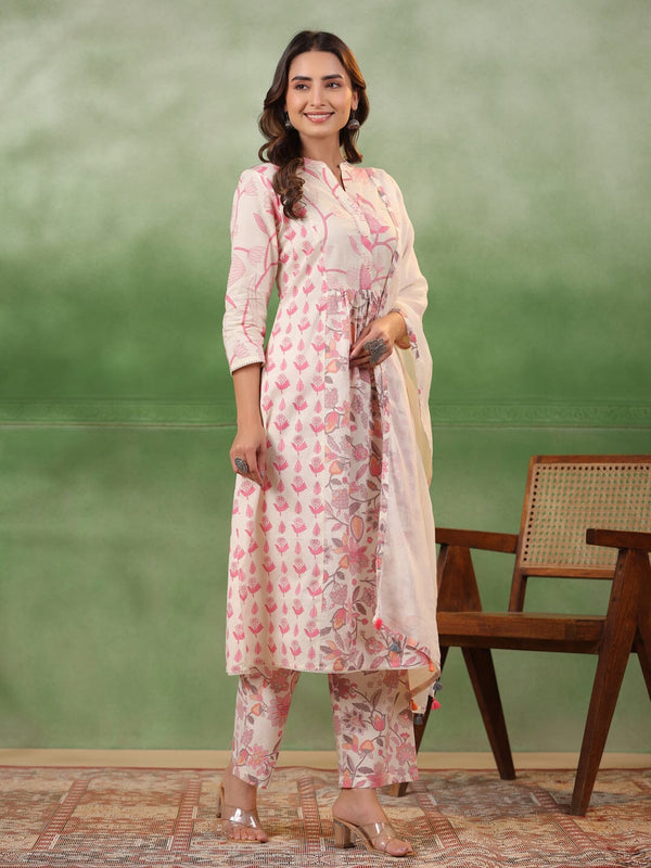 Pure Cotton Pleated A-Line Kurta With Trousers & Dupatta Kurti set SANSKRUTI HOMES 