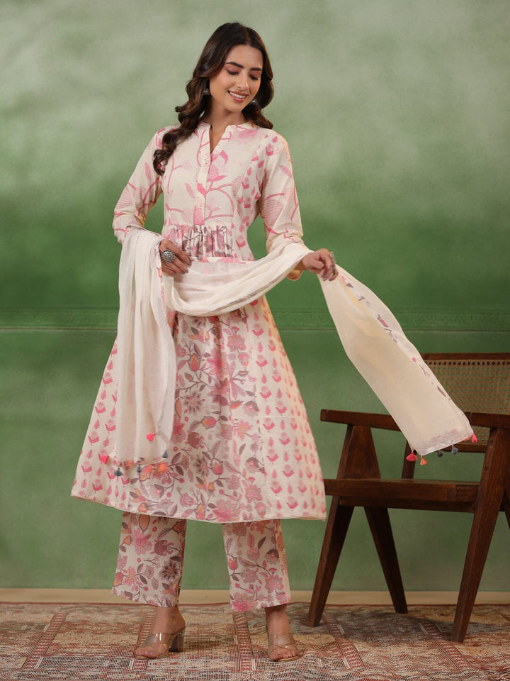 Pure Cotton Pleated A-Line Kurta With Trousers & Dupatta Kurti set SANSKRUTI HOMES 