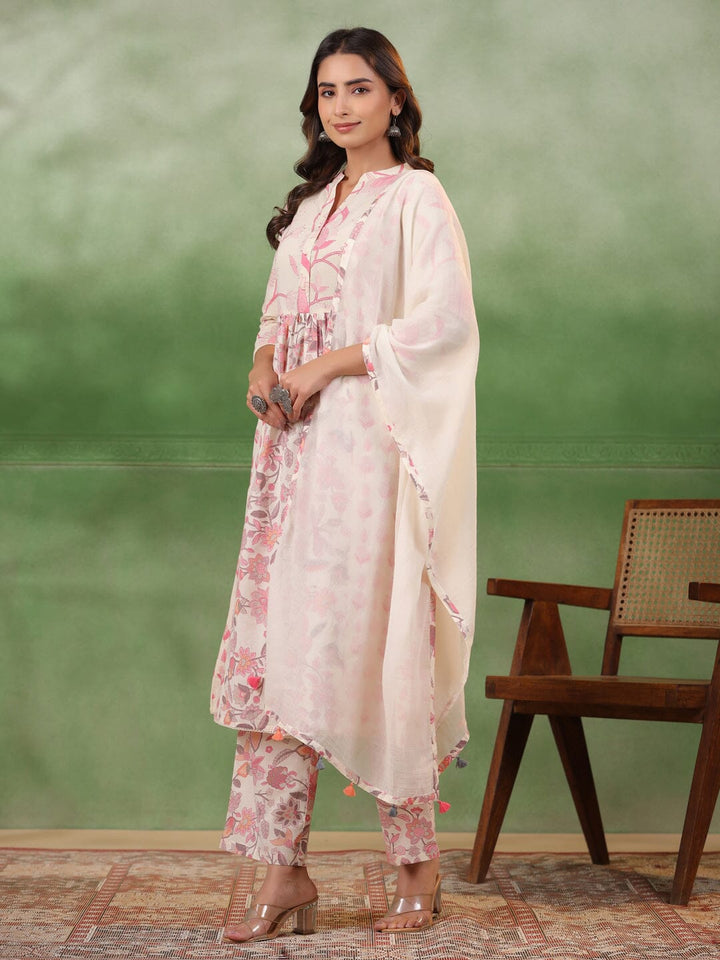 Pure Cotton Pleated A-Line Kurta With Trousers & Dupatta Kurti set SANSKRUTI HOMES 