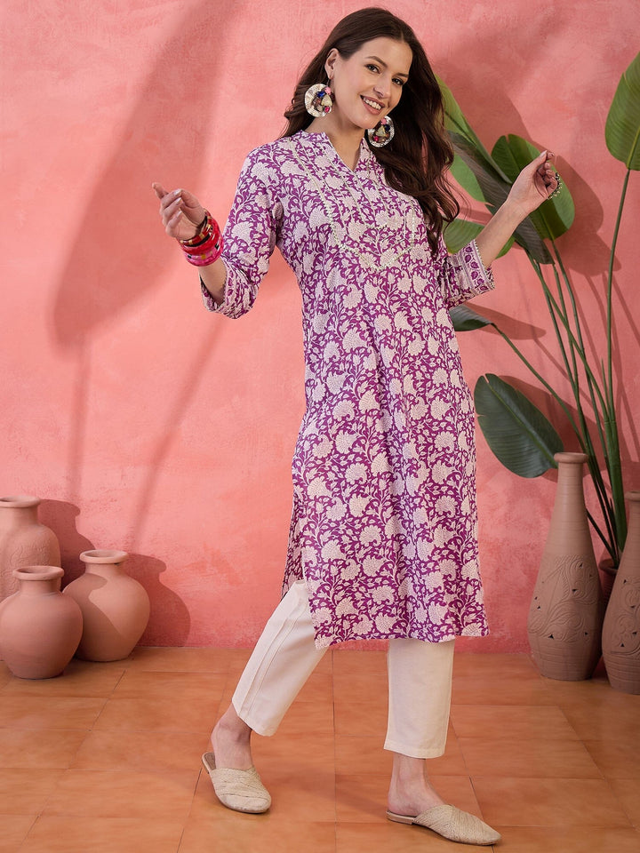 Purple Floral Printed Cotton Kurta for Women Kurta Rangdeep-Fashions 