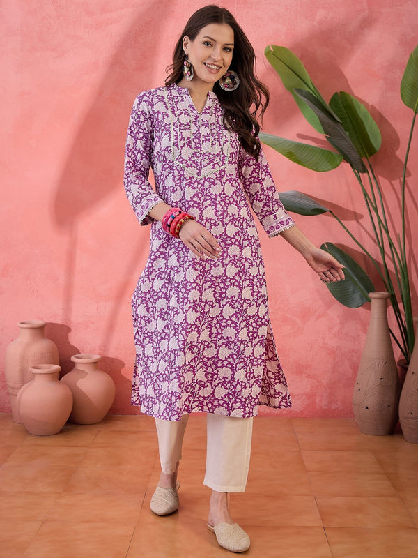 Purple Floral Printed Cotton Kurta for Women Kurta Rangdeep-Fashions 