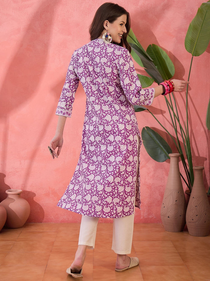 Purple Floral Printed Cotton Kurta for Women Kurta Rangdeep-Fashions 