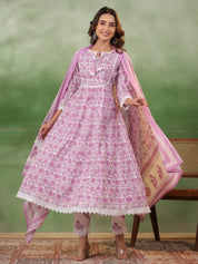 Purple Floral Printed Kurta Set with Dupatta Kurta set Rangdeep-Fashions 