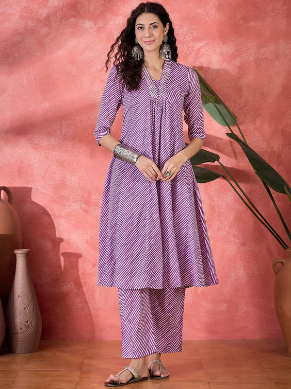 Purple Muslin Calf Length V-Neck Kurta set for Women Kurta set Rangdeep 
