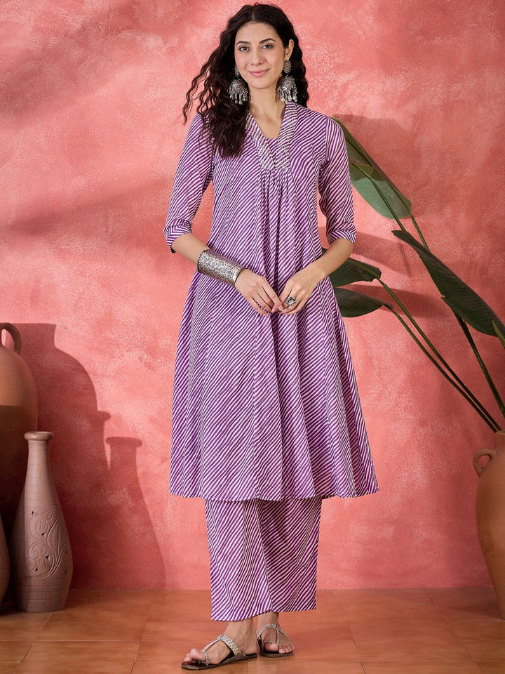 Purple Muslin Calf Length V-Neck Kurta set for Women Kurta set Rangdeep 