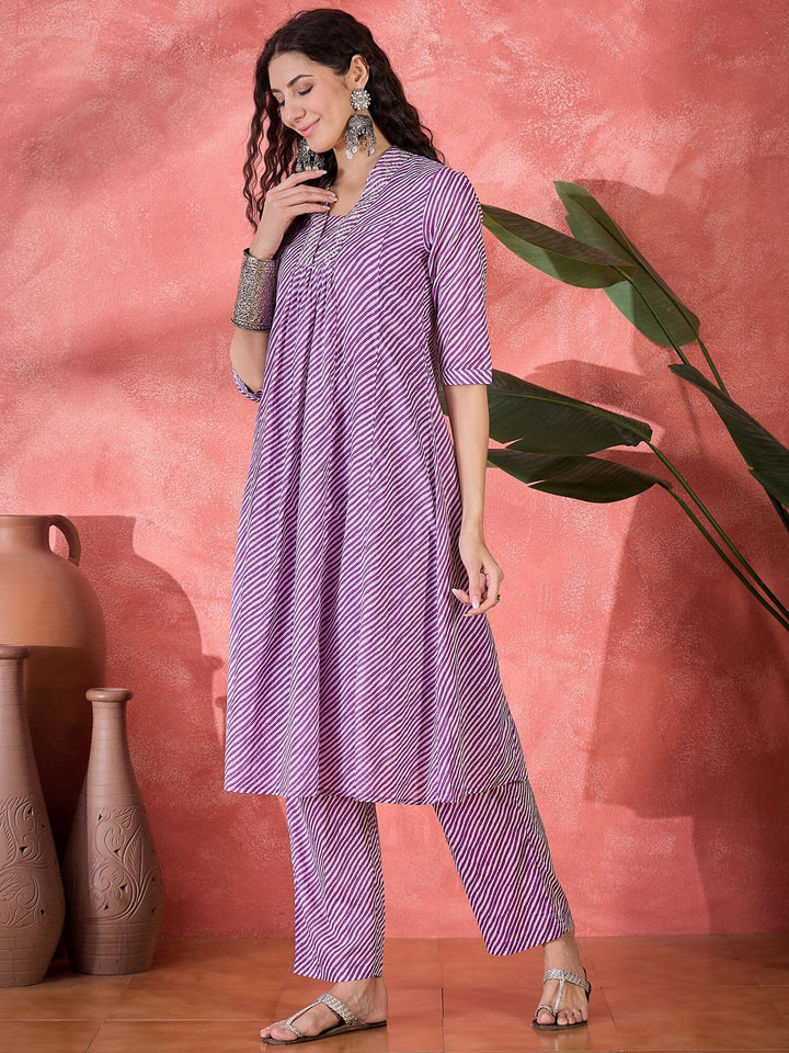 Purple Muslin Calf Length V-Neck Kurta set for Women Kurta set Rangdeep 
