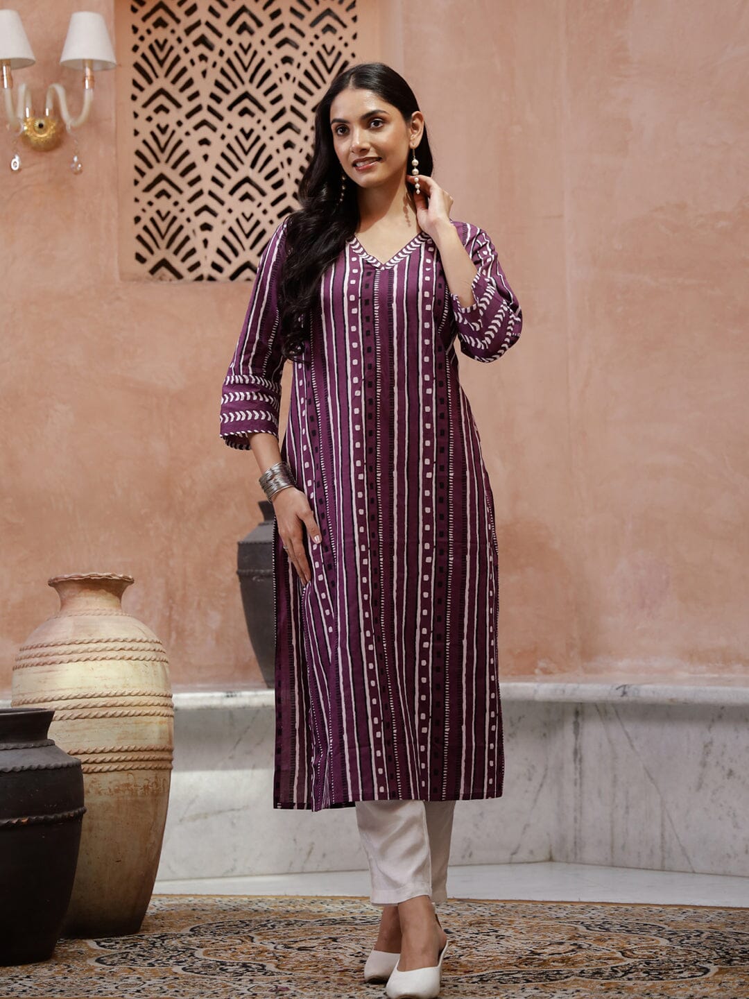 Purple Printed V-Neck Kurta for Women Kurta set Rangdeep-Fashions 