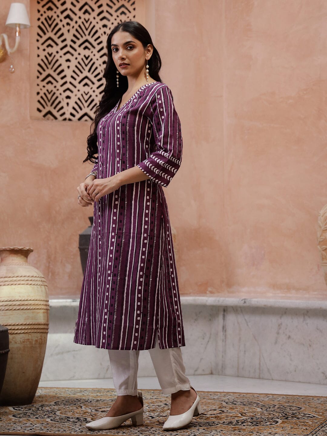 Purple Printed V-Neck Kurta for Women Kurta set Rangdeep-Fashions 