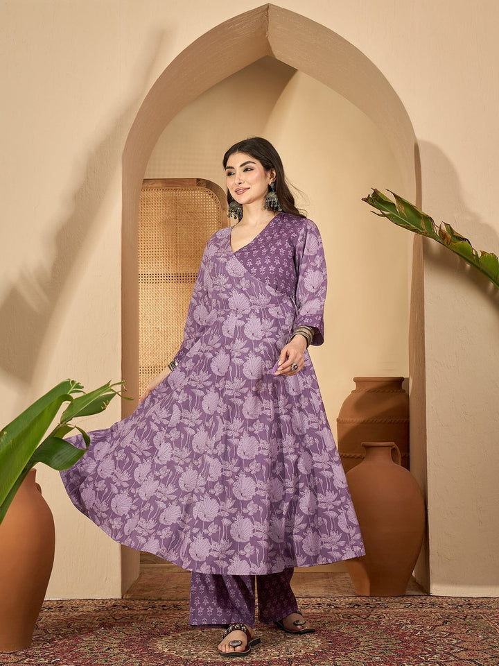 Purple Printed V-Neck Pure Cotton Kurta Set for Women Kurta set Rangdeep-Fashions 