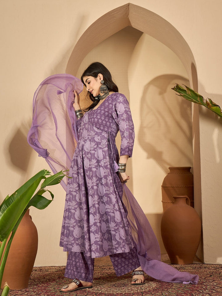 Purple Printed V-Neck Pure Cotton Kurta Set for Women Kurta set Rangdeep-Fashions 