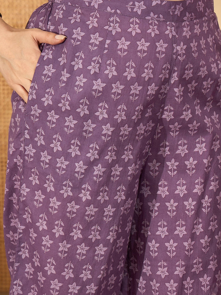 Purple Printed V-Neck Pure Cotton Kurta Set for Women Kurta set Rangdeep-Fashions 