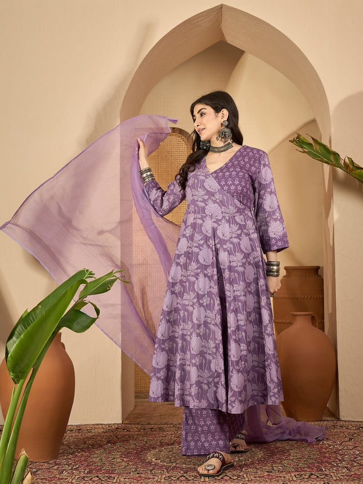 Purple Printed V-Neck Pure Cotton Kurta Set for Women Kurta set Rangdeep-Fashions 