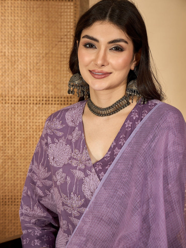 Purple Printed V-Neck Pure Cotton Kurta Set for Women Kurta set Rangdeep-Fashions 