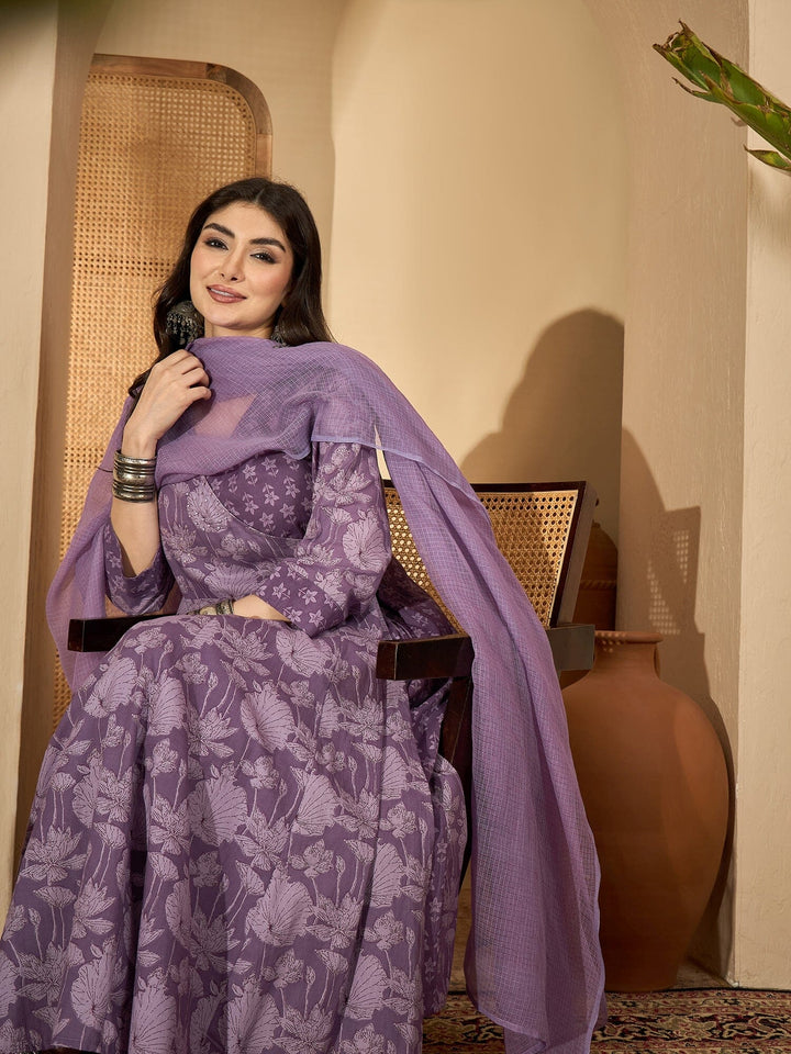 Purple Printed V-Neck Pure Cotton Kurta Set for Women Kurta set Rangdeep-Fashions 