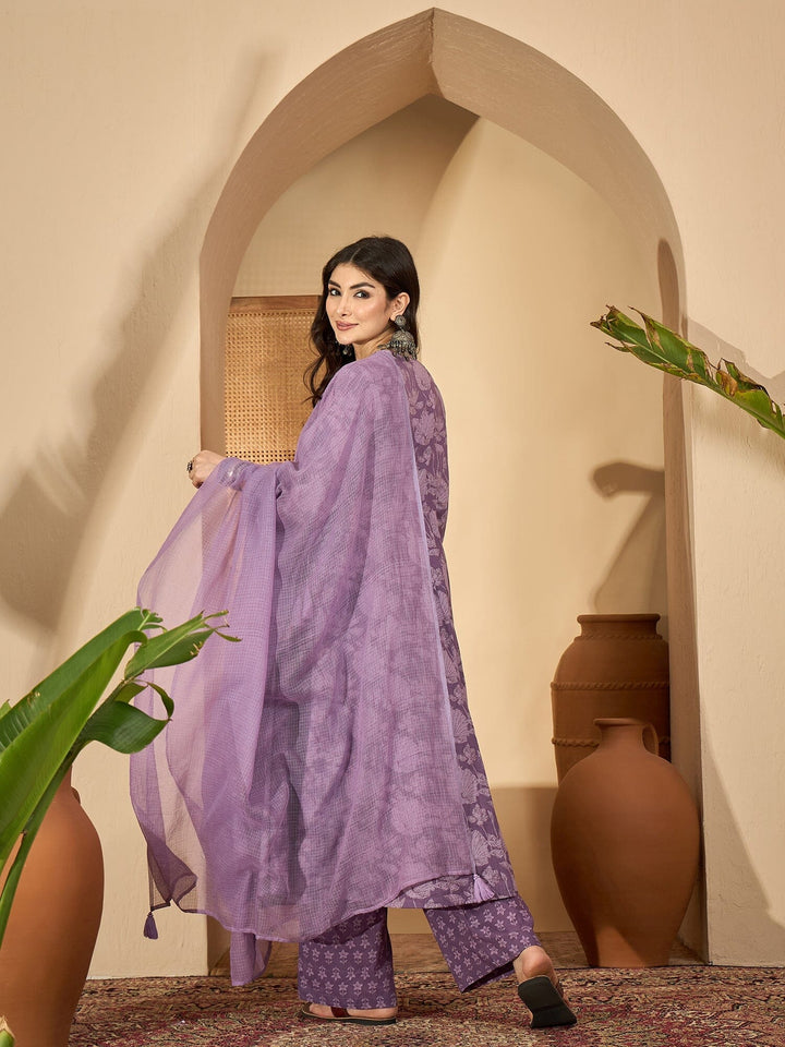 Purple Printed V-Neck Pure Cotton Kurta Set for Women Kurta set Rangdeep-Fashions 